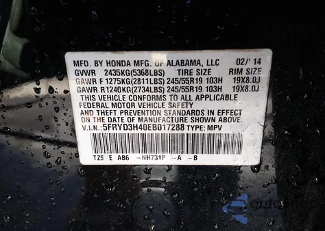 2014 Acura Mdx Technology Package from USA, damaged, VIN 5FRYD3H40EB017288